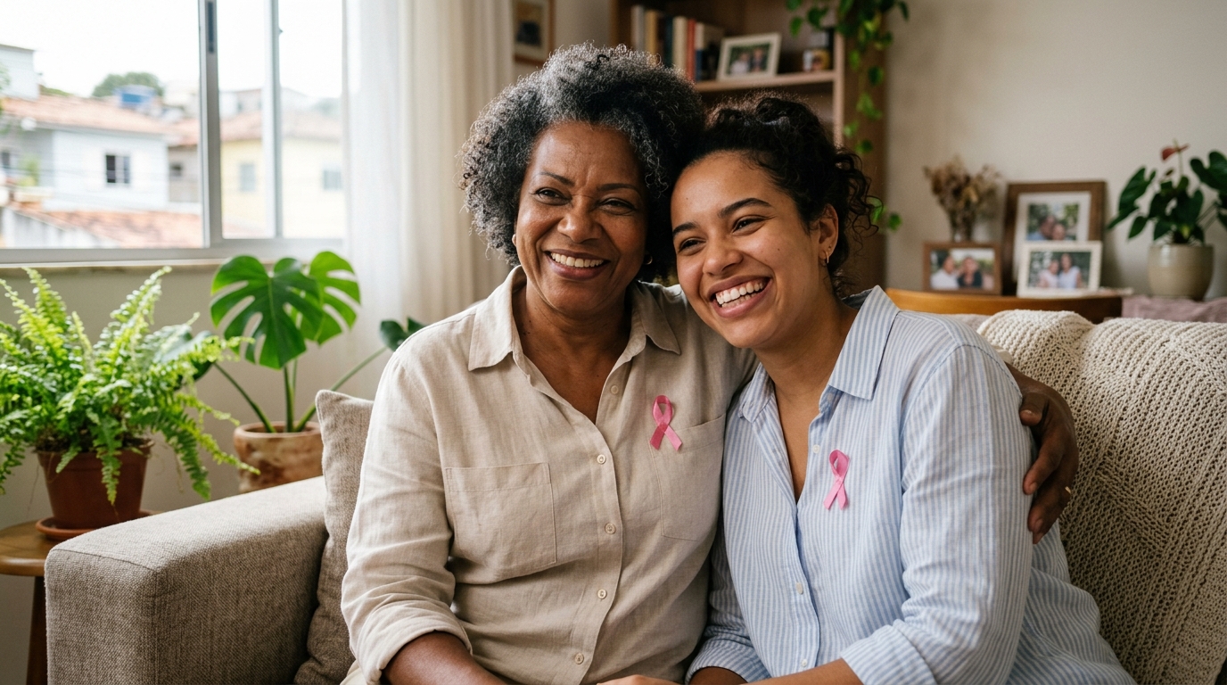 Duas mulheres brasileiras, mãe e filha, sorrindo com laço rosa no peito em momento de carinho e conscientização preventiva