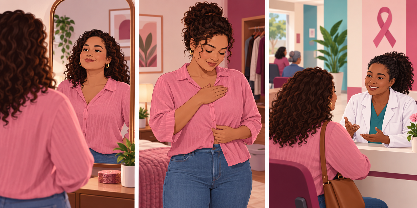 Ilustração educativa em 3 cenas: mulher observando diante do espelho, tocando com conforto na rotina, e conversando com a profissional de saúde na UBS